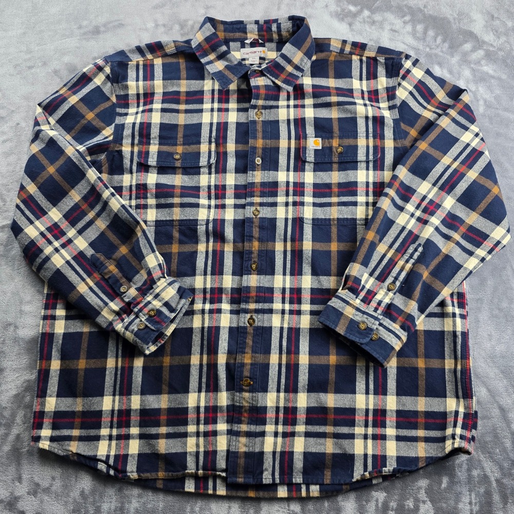 Carhartt Flannel Shirt Mens 2XL Navy Blue Plaid Original Fit Long Sleeve Button